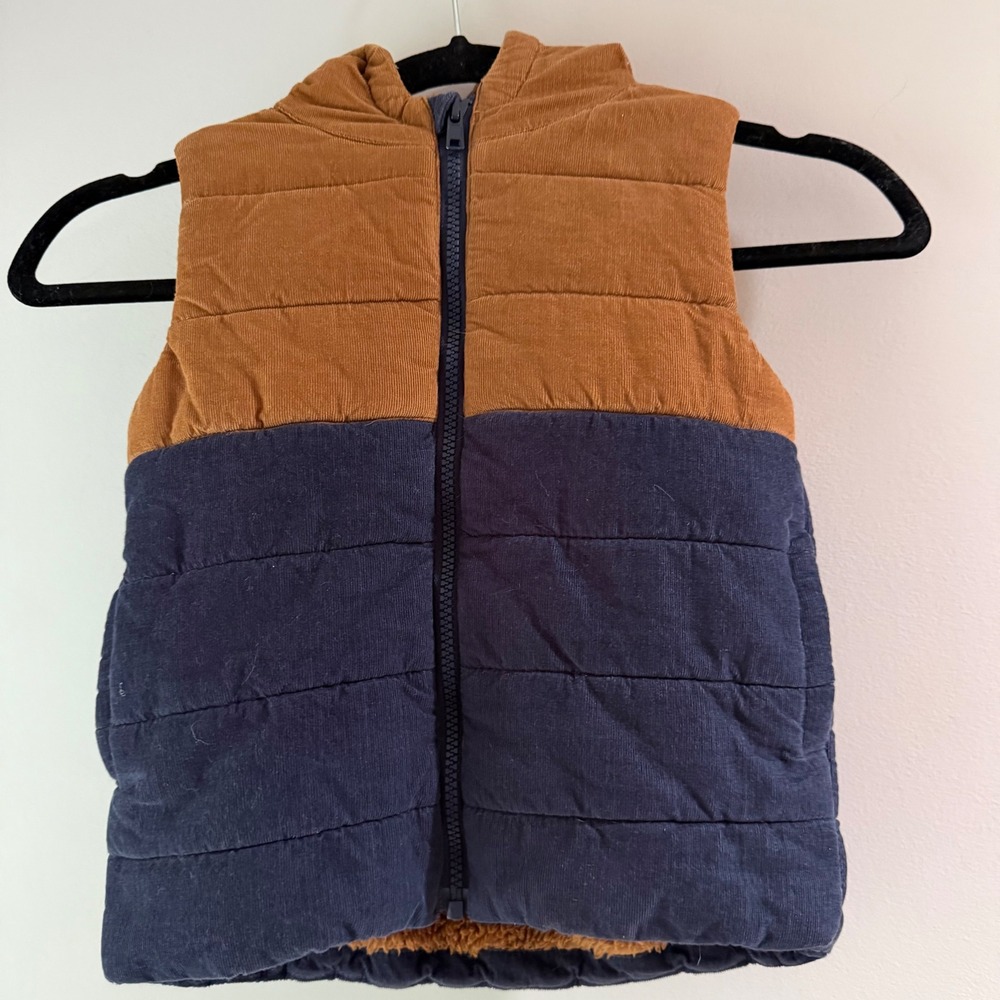 Tommy Bahama Puffer Vest Toddler 4T Tan Navy Blue Excellent Corduroy Hooded Zip